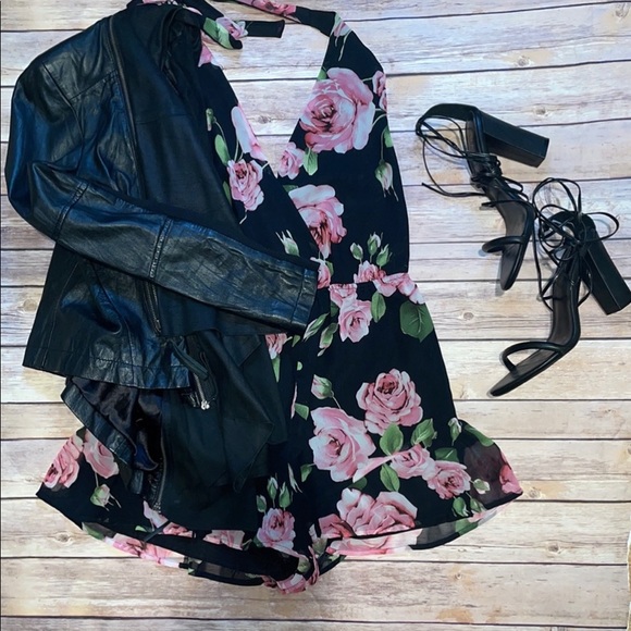 Black Floral Rose Halter Backless Romper with Ruffle Hem - Picture 2 of 7